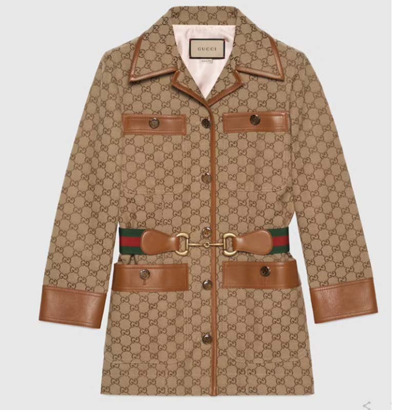 Gucci Women GG Canvas Jacket Web Belt Cotton Camel Ebony Point Collar