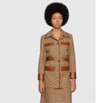 Gucci Women GG Canvas Jacket Web Belt Cotton Camel Ebony Point Collar - Imagen 11