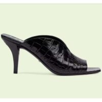 Gucci Women GG Crocodile Print Pump Square Toe Leather Sole Mid 7.6 Cm Heel