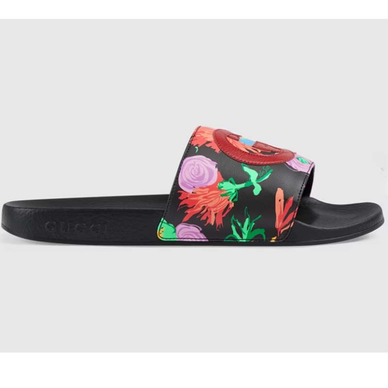 Gucci Women GG Ken Scott Print Slide Sandal Interlocking G Patch Flat