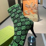 Gucci Women GG Knit Ankle Boots Black Green GG Technical Fabric Leather Mid-Heel - immagine 9