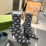 Gucci Women GG Knit Ankle Boots Black White GG Technical Fabric Leather Mid-Heel - Image 2