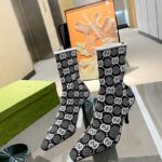 Gucci Women GG Knit Ankle Boots Black White GG Technical Fabric Leather Mid-Heel - Image 4