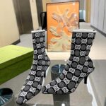 Gucci Women GG Knit Ankle Boots Black White GG Technical Fabric Leather Mid-Heel - Image 5