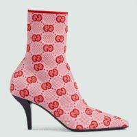 Gucci Women GG Knit Ankle Boots Pink Red GG Technical Fabric Leather Mid-Heel (10)