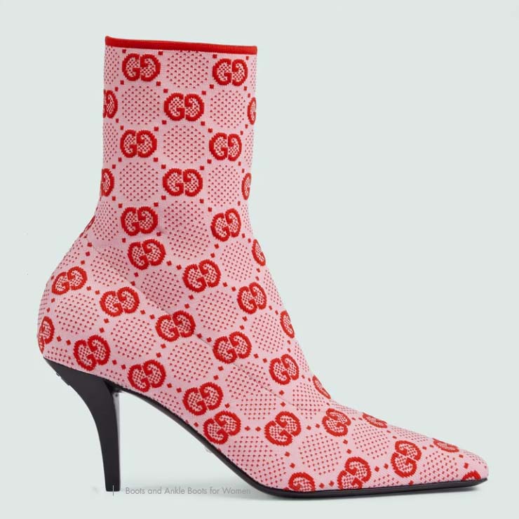 Gucci Women GG Knit Ankle Boots Pink Red GG Technical Fabric Leather Mid-Heel