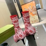 Gucci Women GG Knit Ankle Boots Pink Red GG Technical Fabric Leather Mid-Heel - Image 6