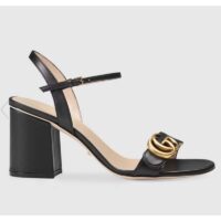 Gucci Women GG Leather Mid-Heel Sandal Black Double G 8 Cm Heel