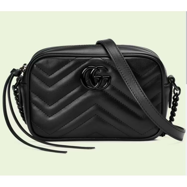 Gucci Women GG Marmont Mini Shoulder Bag Black Matelassé Chevron Leather Double G