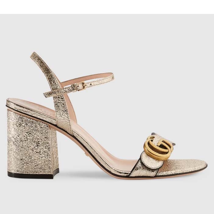 Gucci Women GG Metallic Laminate Leather Mid-Heel Sandal Double G 8 Cm Heel