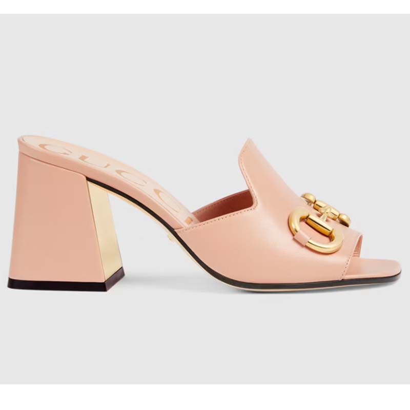 Gucci Women GG Slide Sandal Horsebit Pink Leather Mid 7.6 Cm Heel