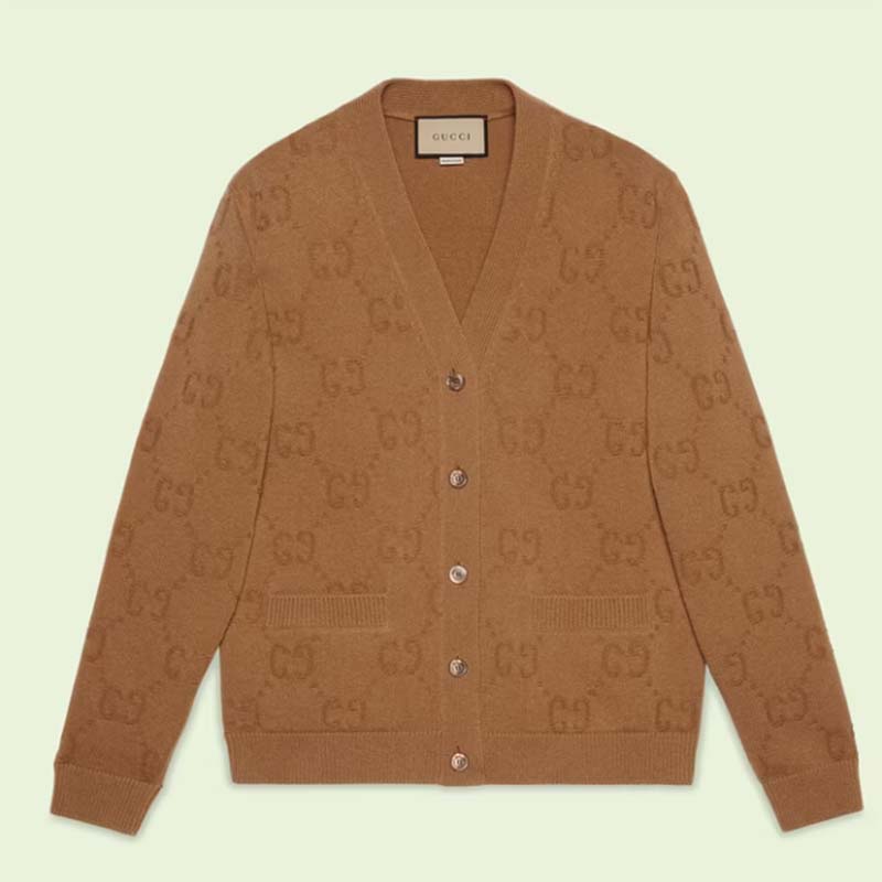 Gucci Women GG Wool Cardigan Beige V-Neck Collar Two Front Pockets