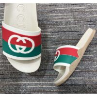 Gucci Women Interlocking G Slide Sandal Striped Rubber White Footbed Rubber Sole Flat (3)