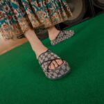 Gucci Women Platform Slide Sandal Beige Blue Original GG Canvas Rubber Sole Low Heel - Image 11