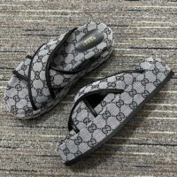 Gucci Women Platform Slide Sandal Beige Blue Original GG Canvas Rubber Sole Low Heel (8)