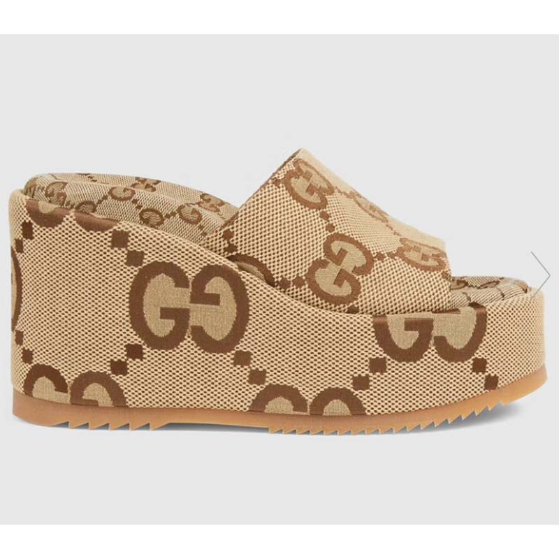 Gucci Women Platform Slide Sandal Camel Ebony Maxi GG Canvas High Heel 10 Cm