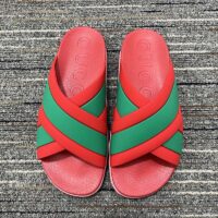 Gucci Women Web Slide Sandal Green Red Rubber Web Straps Rubber Sole Flat (9)