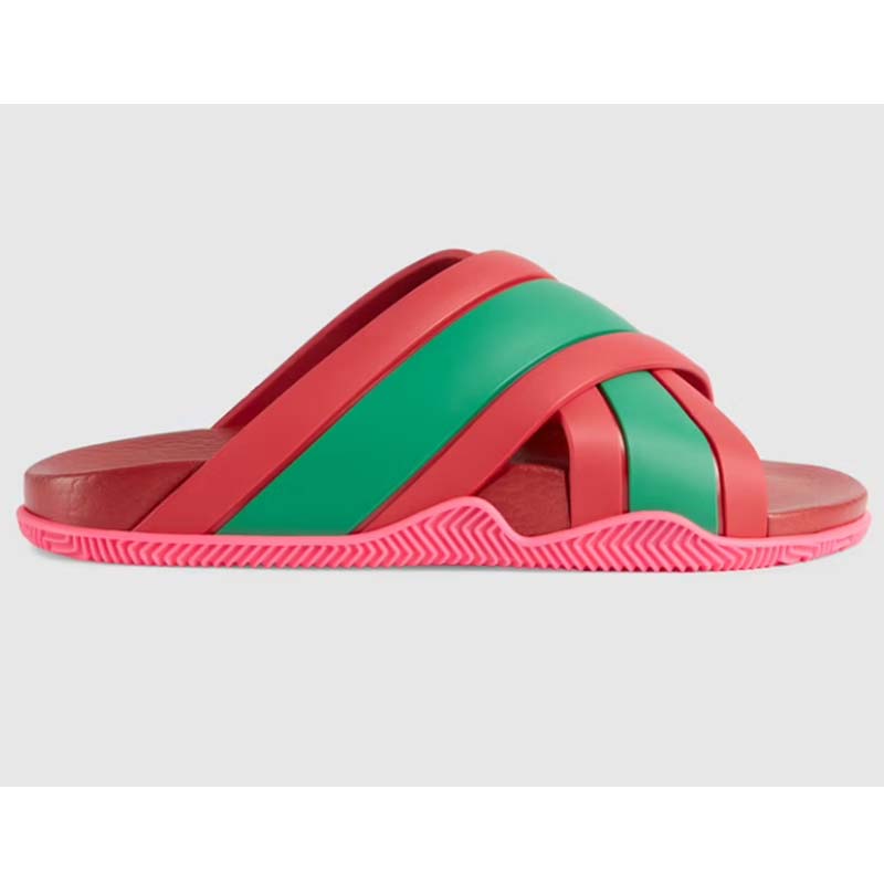 Gucci Women Web Slide Sandal Green Red Rubber Web Straps Rubber Sole Flat