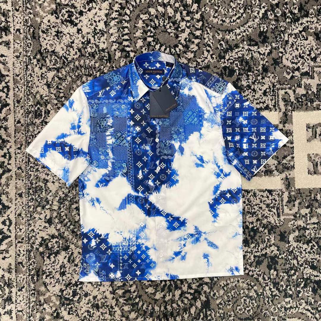 Louis Vuitton Monogram Bandana Short-sleeved Denim Shirt Indigo/White