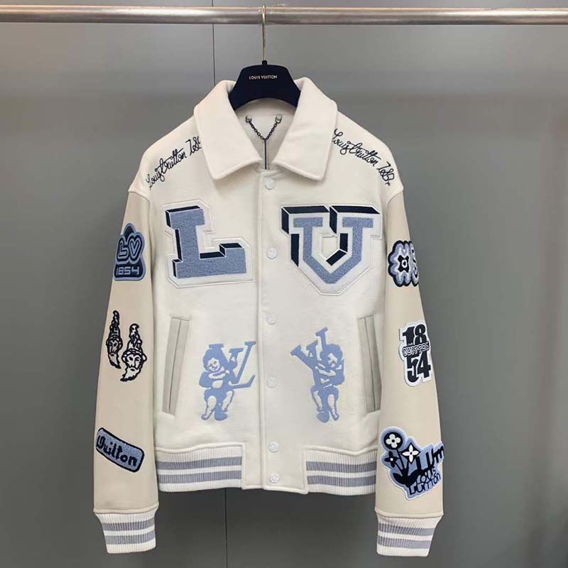Another Special Louis Vuitton Collectors piece to add to their collection -  'Multi Patches Mixed Leather Varsity Blouson in White and Sky…