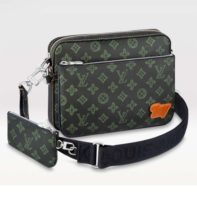 Louis Vuitton LV Unisex Trio Messenger Bag Dark Green Monogram Coated Canvas Cowhide