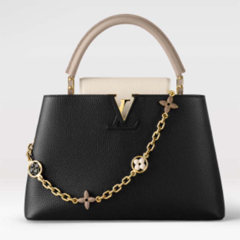 Louis Vuitton LV Women Capucines MM Handbag Black Gray Taurillon Leather