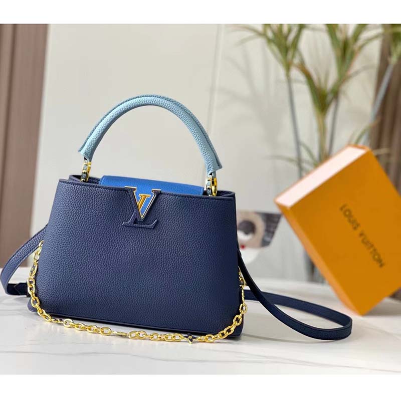 LOUIS VUITTON Capucines MM Taurillon Leather Satchel Bag Blue