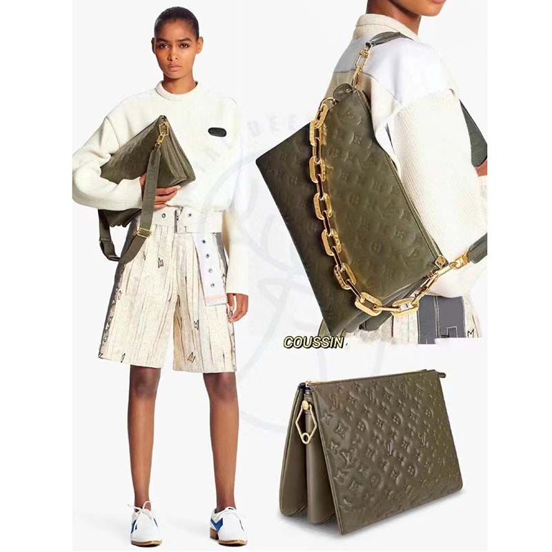 Louis Vuitton LV Women Coussin MM Handbag Khaki Monogram Embossed Puffy Lambskin (10)
