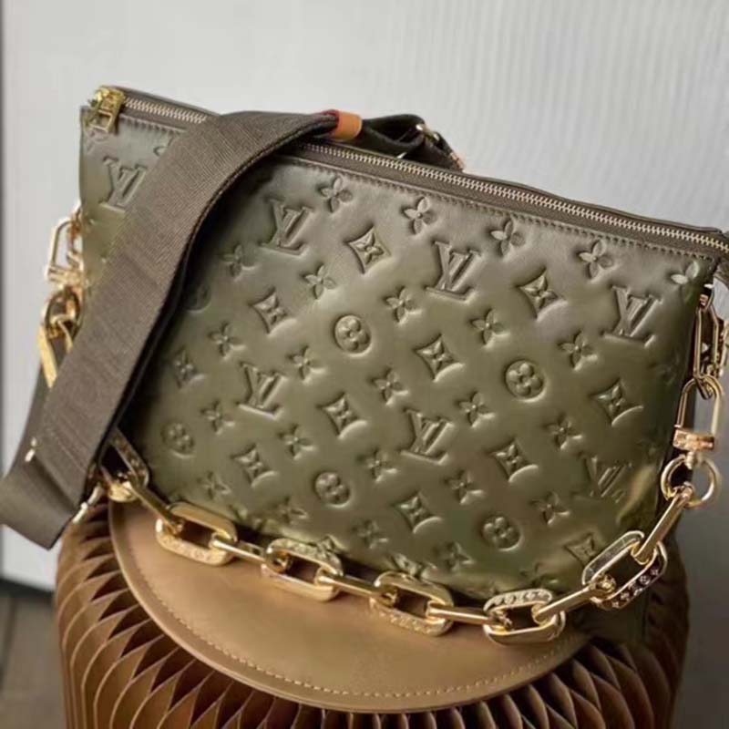Louis Vuitton LV Women Coussin MM Handbag Khaki Monogram Embossed Puffy Lambskin (13)