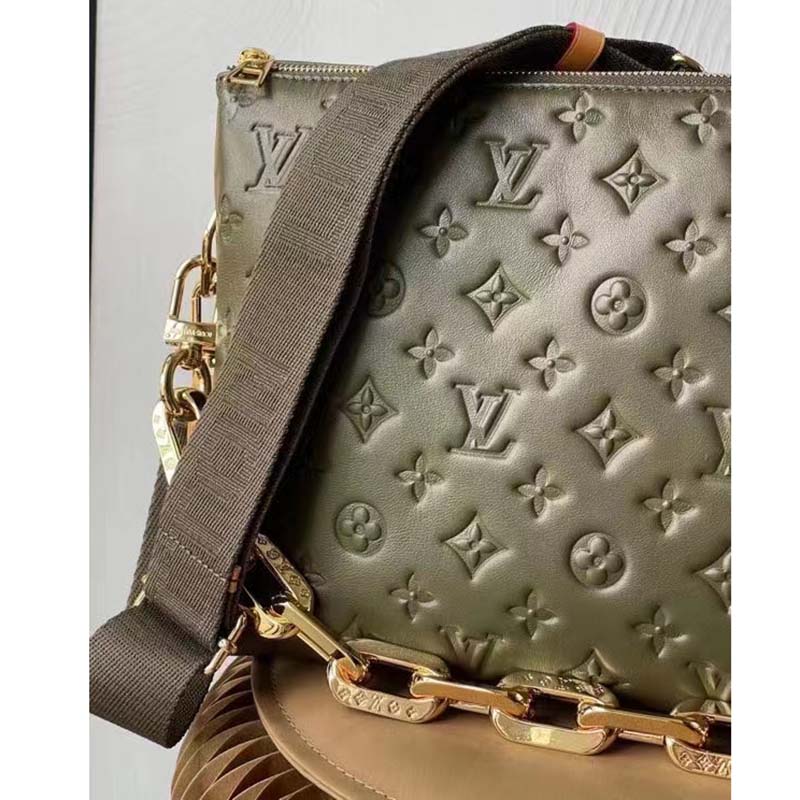 Louis Vuitton LV Women Coussin MM Handbag Khaki Monogram Embossed Puffy Lambskin (15)