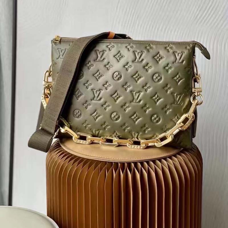 Louis Vuitton LV Women Coussin MM Handbag Khaki Monogram Embossed Puffy Lambskin (17)