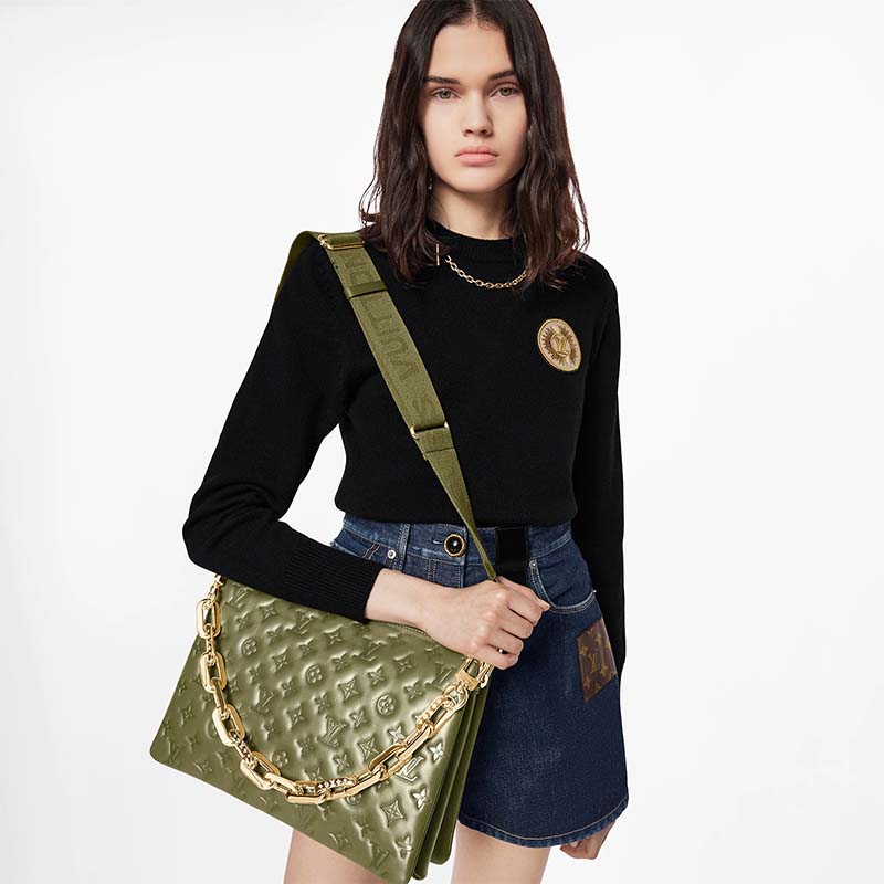 Louis Vuitton LV Women Coussin MM Handbag Khaki Monogram Embossed Puffy Lambskin (19)