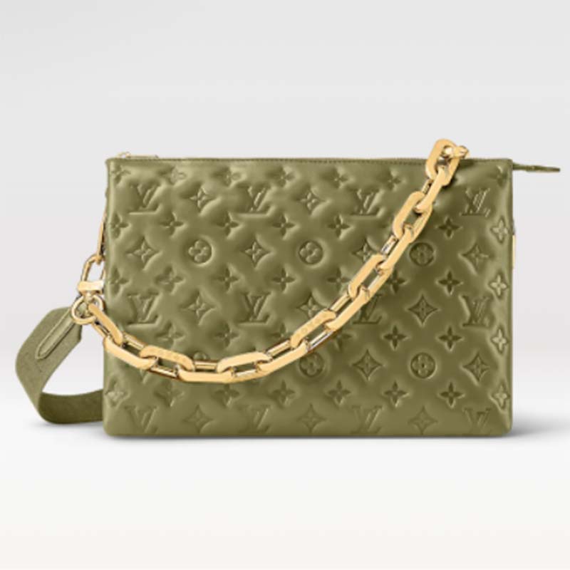 Louis Vuitton LV Women Coussin MM Handbag Khaki Monogram Embossed Puffy Lambskin