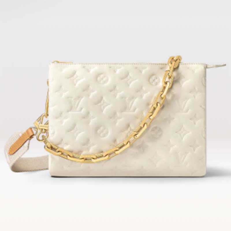 Louis Vuitton LV Women Coussin PM Handbag Cream Monogram-Embossed Puffy Lambskin Calfskin