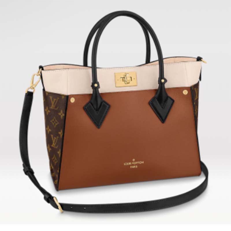 Louis Vuitton LV Women On My Side MM Tote Bag Brown Calfskin Monogram Coated Canvas