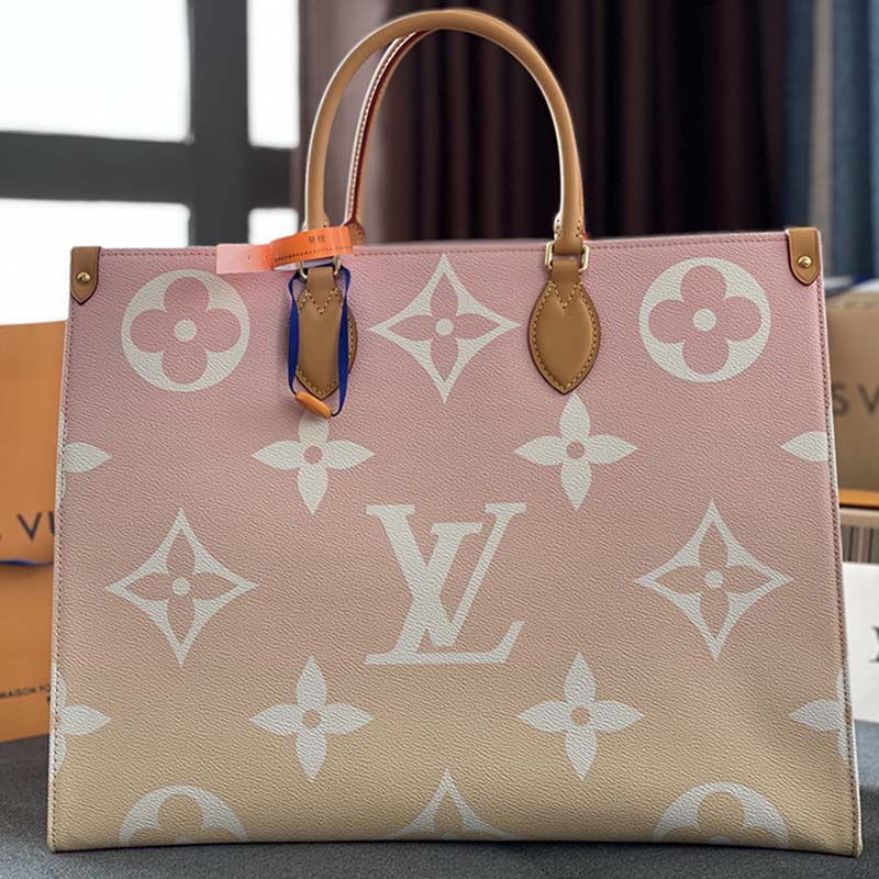 Louis Vuitton Pink and Lavender Gradient Coated Canvas OnTheGo GM Tote Gold Hardware, 2021-2022 (Like New), Pink/Purple/White Womens Handbag