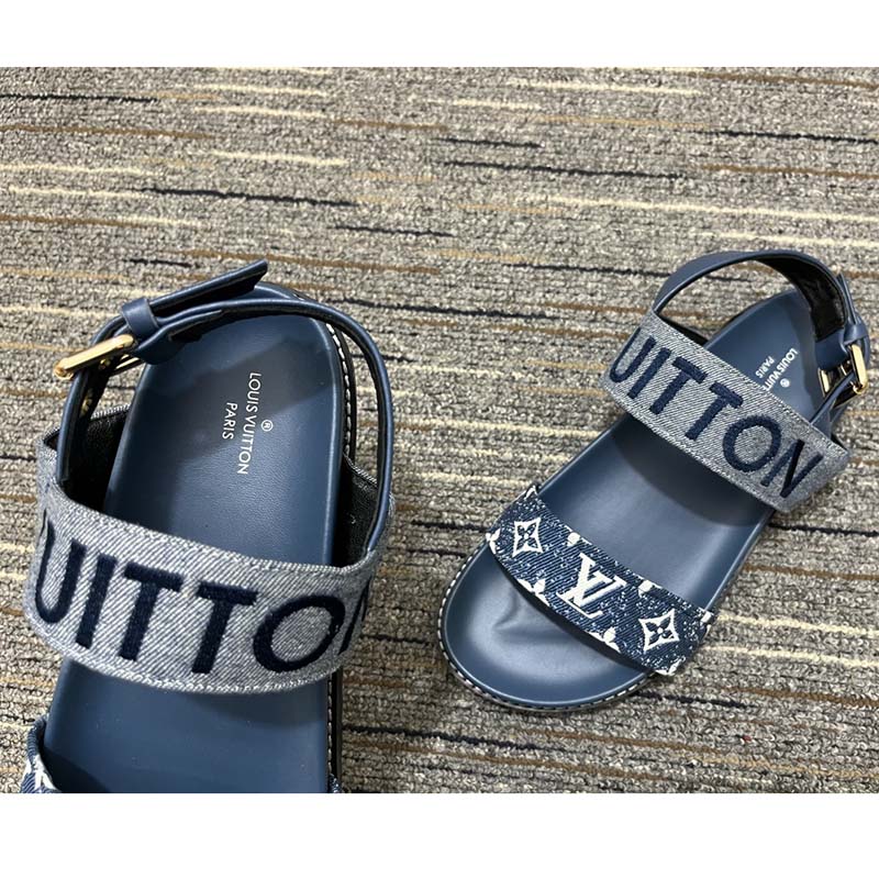 Louis Vuitton Navy Blue Leather and Monogram Denim Waterfall Sandals Size  38.5 - ShopStyle