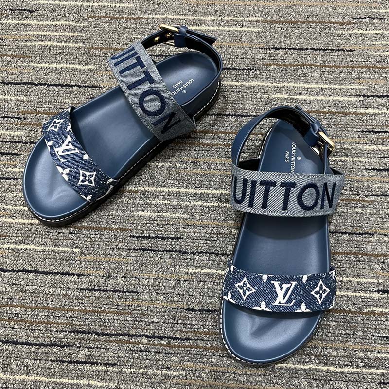 LOUIS VUITTON Monogram Denim Paseo Flat Comfort Sandals 39 Navy