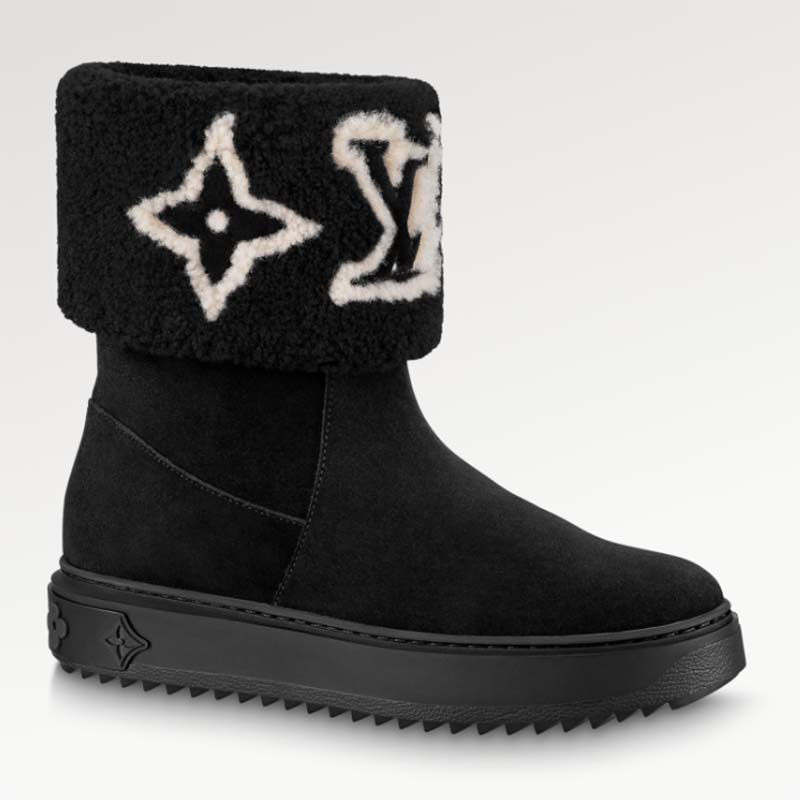 Louis Vuitton LV Women Snowdrop Flat Ankle Boot Black Suede Calf Leather Shearling Wool