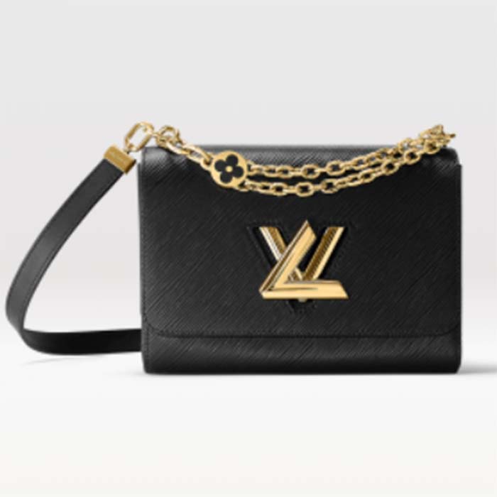 Louis Vuitton LV Women Twist MM Handbag Black Epi Grained Leather Monogram Flower