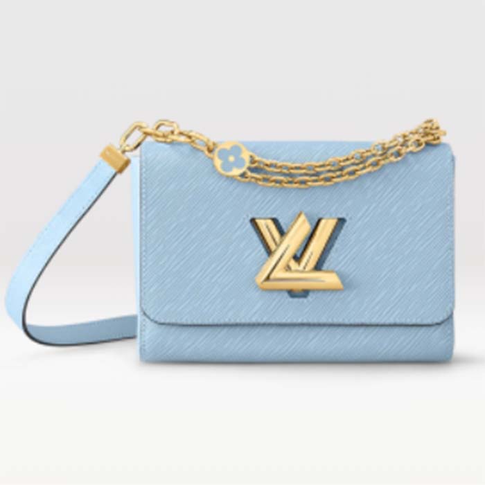 Louis Vuitton LV Women Twist MM Handbag Bleu Nuage Blue Epi Grained Leather