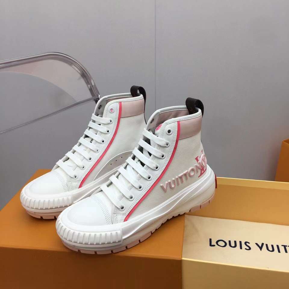 LOUIS VUITTON Canvas Monogram LV Squad Sneaker Boots 36.5 White Pink  1209216