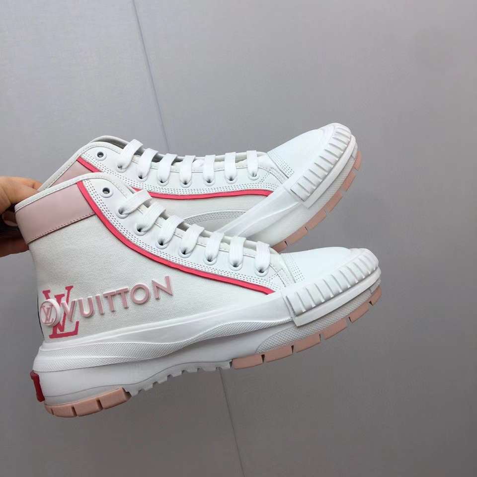 LOUIS VUITTON Canvas Monogram LV Squad Sneaker Boots 36.5 White Pink  1209216