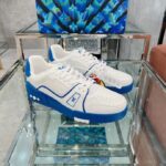 Louis Vuitton Unisex LV Trainer Sneaker Blue Calf Leather Rubber Outsole Monogram Flowers – Bild 4