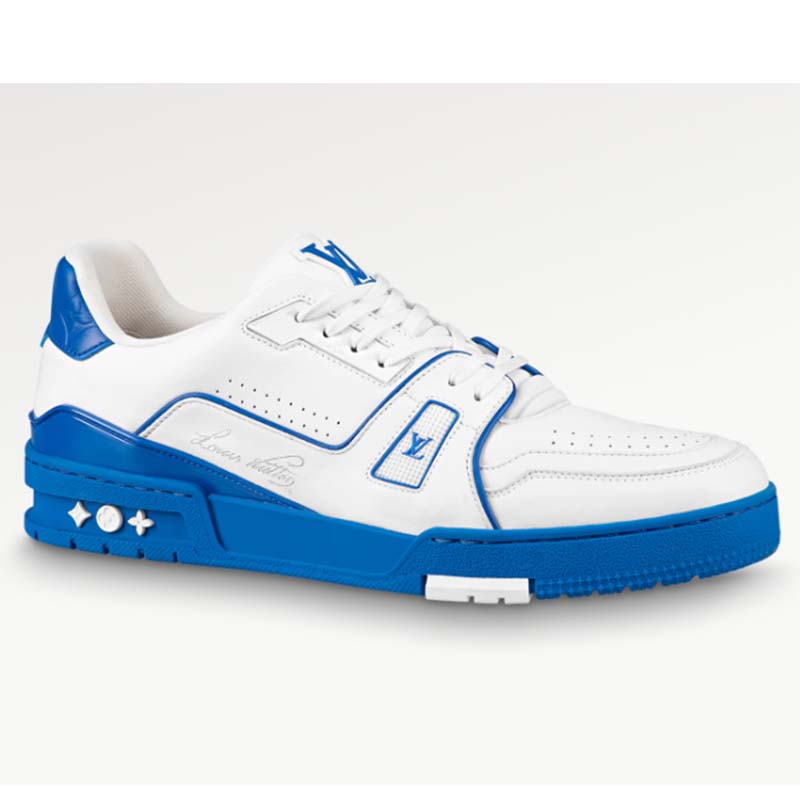 Louis Vuitton Unisex LV Trainer Sneaker Blue Calf Leather Rubber Outsole Monogram Flowers