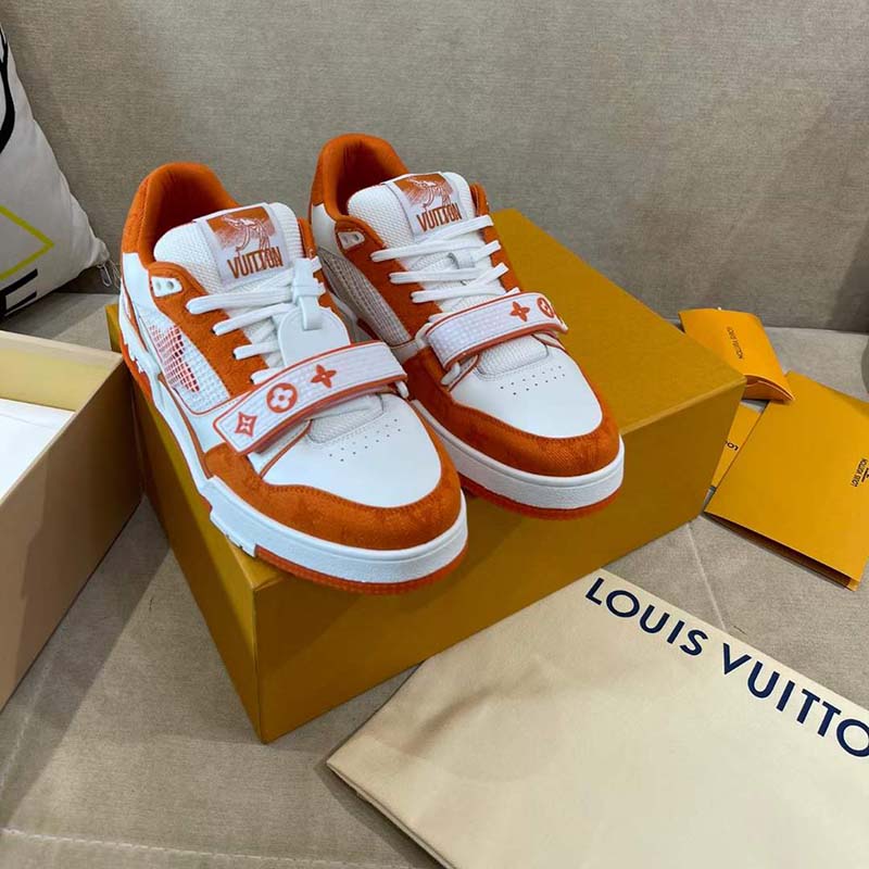 Louis Vuitton Lv trainer monogram denim White Orange Leather Cloth  ref.873519 - Joli Closet