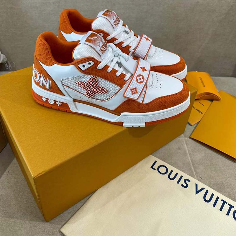 Louis Vuitton Lv trainer monogram denim White Orange Leather Cloth  ref.873519 - Joli Closet