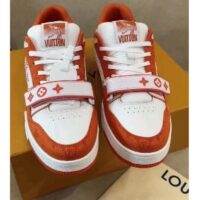 Louis Vuitton Unisex LV Trainer Sneaker Orange Monogram Denim Rubber Outsole Monogram Flowers (5)