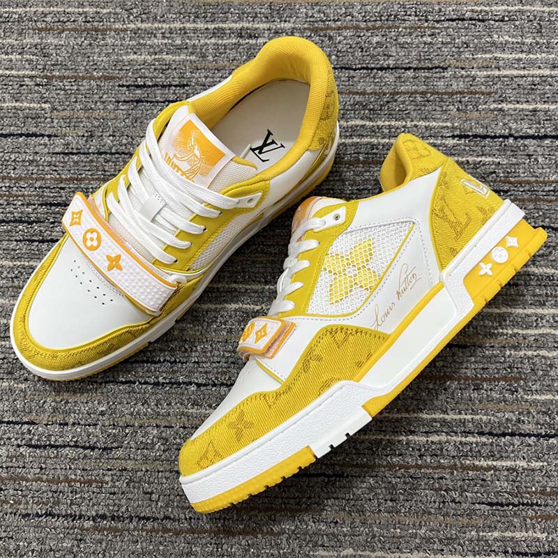 Louis Vuitton Unisex LV Trainer Sneaker Yellow Monogram Denim Rubber Outsole Monogram Flowers