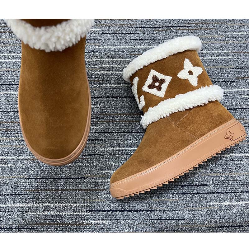 LOUIS VUITTON Suede Calfskin Shearling Snowdrop Flat Ankle Boot 38.5 Khaki  1232789